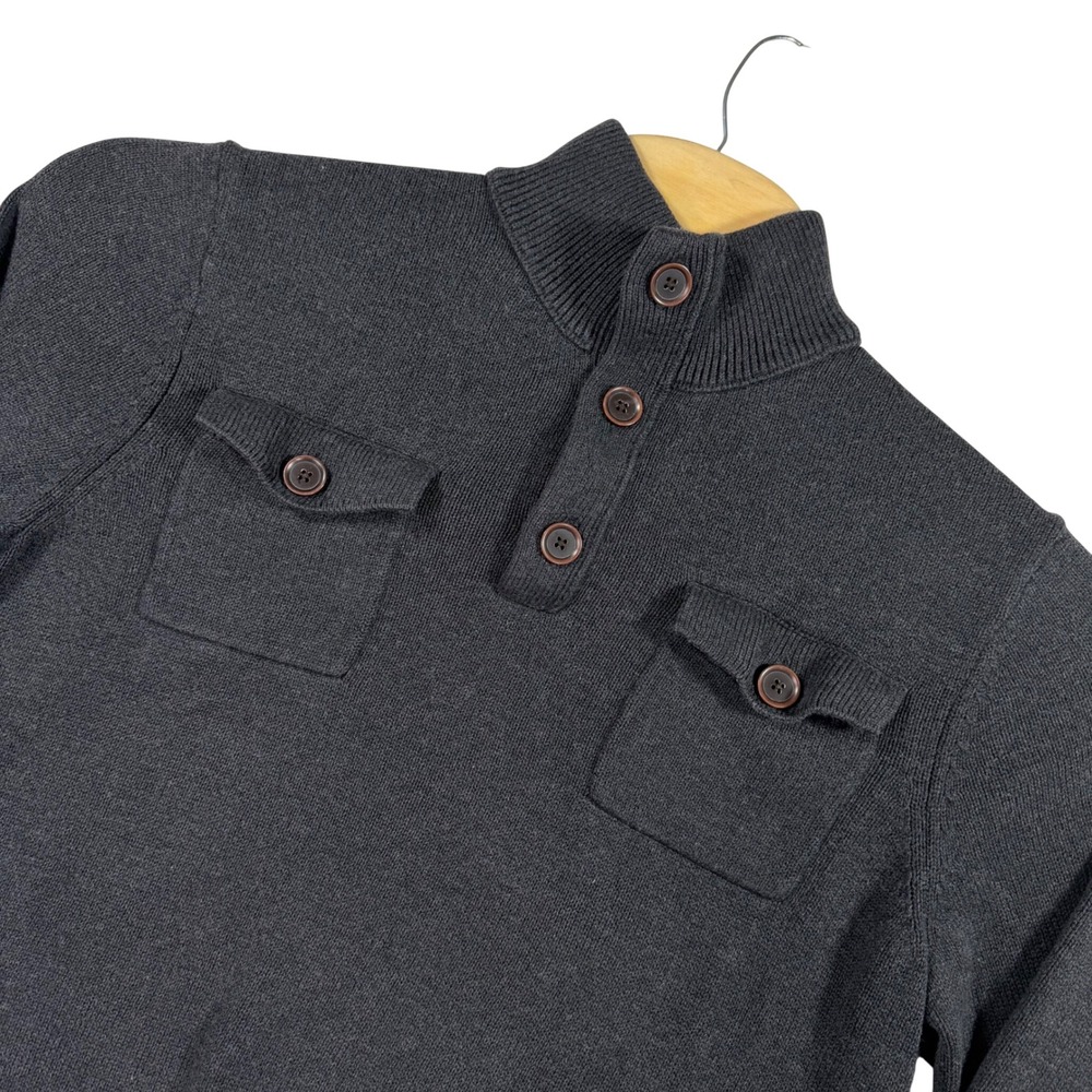 Banana Republic Sweater Mens Large Charcoal Grey Mock Neck Button Pocket Cotton